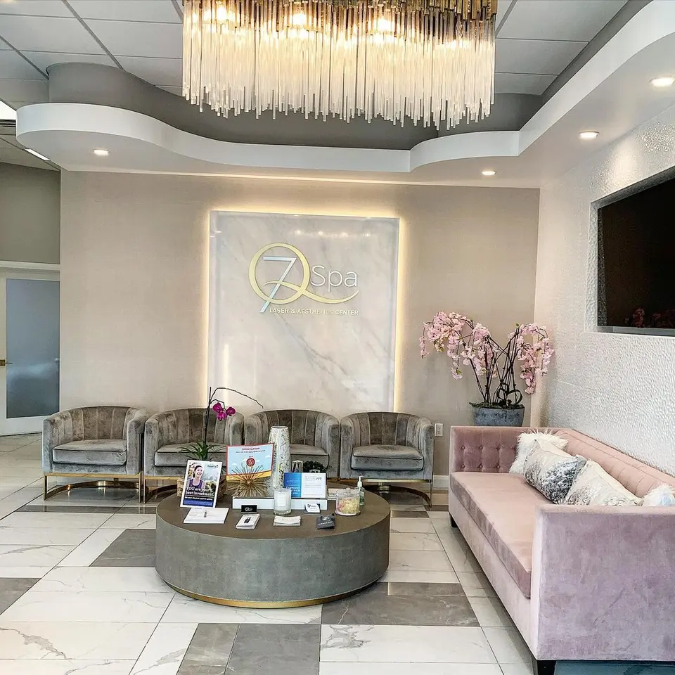 About us - 7Q Spa - Glendale, CA (reception lounge with 7Q Spa logo wall)