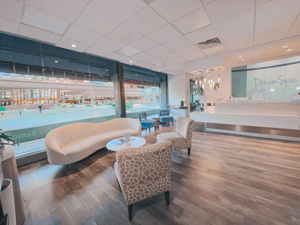 Reception and waiting lounge at Dream Spa Medical's Brookline location
