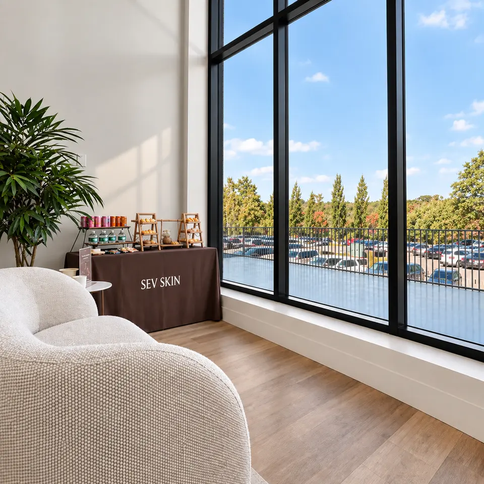 SEV Skin Chestnut Hill lounge seating area with floor-to-ceiling windows overlooking the parking area