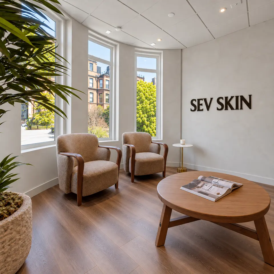 SEV Skin Newbury Street waiting area with bay windows overlooking Newbury Street brownstones